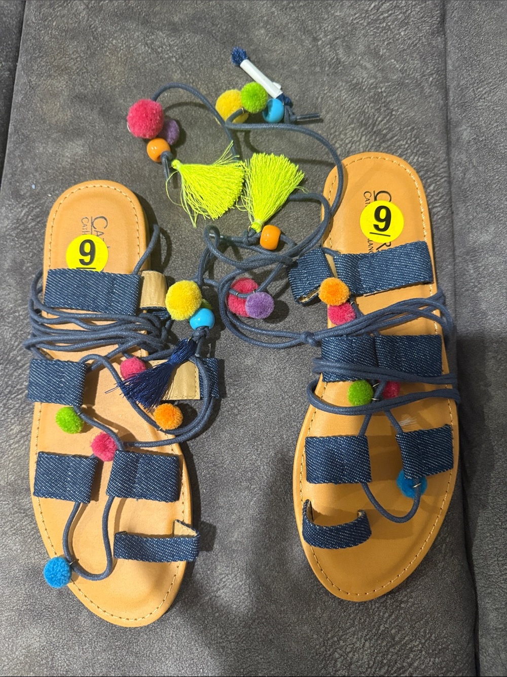 Women Pom-Pom Lace-Up Sandals - Navy/Jean